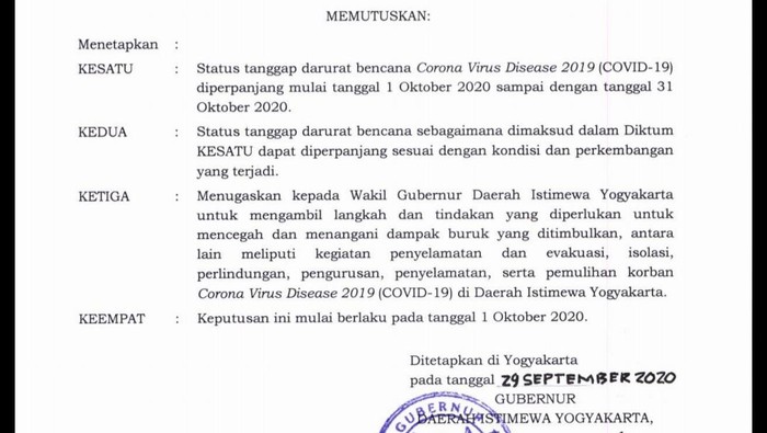 SK Gubernur DIY nomor: 286/KEP/2020 tentang penetapan perpanjangan kelima status tanggap darurat bencana COVID-19, Selasa (29/9/2020).
