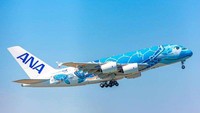 Menggunakan pesawat A380 atau yang dikenal dengan Flying Honu, traveler akan diajak terbang dengan nuansa Hawaii yang tercermin lewat stiker pesawat hingga aksesori dan makanan bertema Hawaii (dok All Nippon Airways)