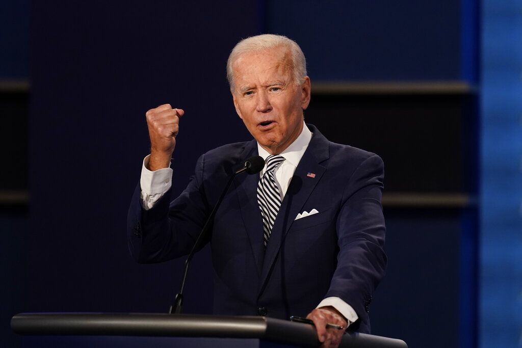Democratic presidential candidate former Vice President Joe Biden gestures while speaking during the first presidential debate Tuesday, Sept. 29, 2020, at Case Western University and Cleveland Clinic, in Cleveland, Ohio. (AP Photo/Patrick Semansky)