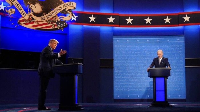 President Donald Trump and Democratic presidential candidate former Vice President Joe Biden during the first presidential debate Tuesday, Sept. 29, 2020, at Case Western University and Cleveland Clinic, in Cleveland, Ohio. (AP Photo/Julio Cortez)