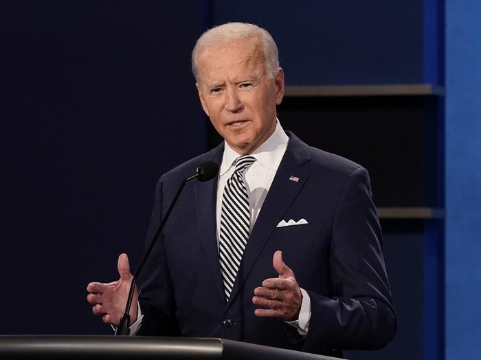 Democratic presidential candidate former Vice President Joe Biden during the first presidential debate Tuesday, Sept. 29, 2020, at Case Western University and Cleveland Clinic, in Cleveland, Ohio. (AP Photo/Patrick Semansky)