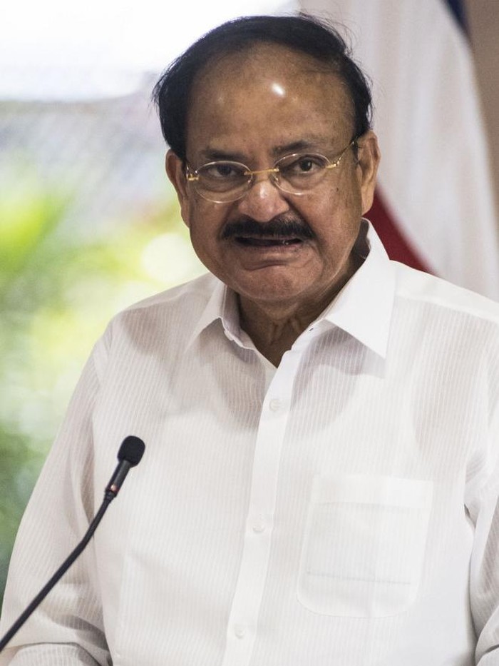 Indias Vice President M. Venkaiah Naidu speaks during a joint press conference with Costa Ricas President Carlos Alvarado (out of frame), at the presidential house in San Jose, on March 08, 2019. (Photo by Ezequiel BECERRA / AFP)