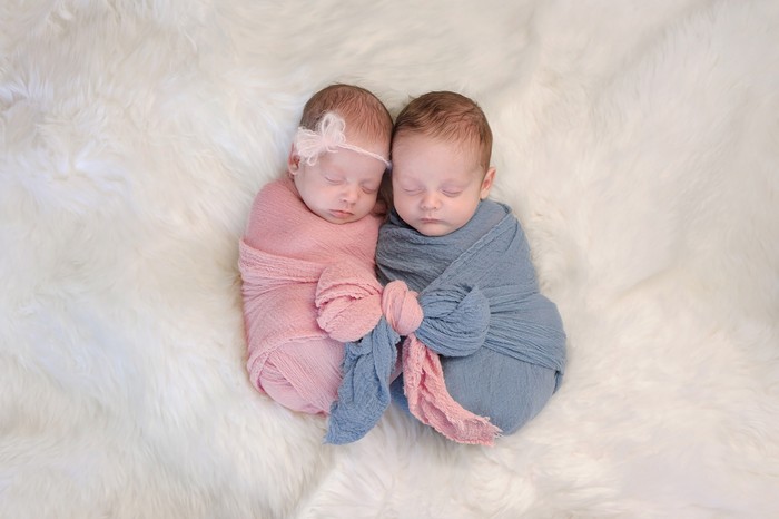 bayi kembar Two month old, boy and girl fraternal twin babies. They are sleeping and swaddled together in pink and blue wraps that are tied together in a bow.