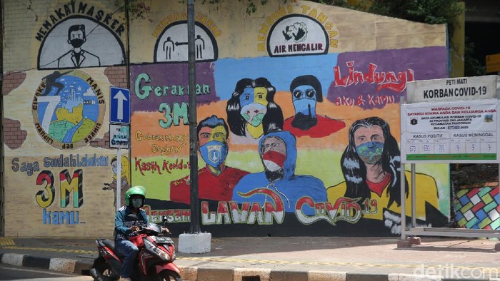 Kampanye bahaya COVID-19 dan ajakan menerapkan protokol kesehatan terus dilakukan lewat karya jalanan seperti mural.