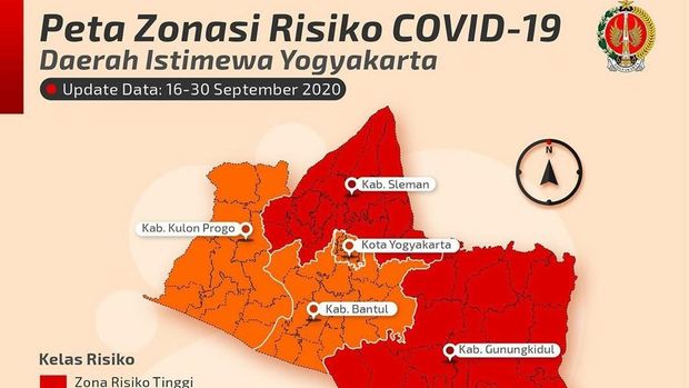 Peta Zona Risiko COVID-19 DIY pada 16-30 September 2020.