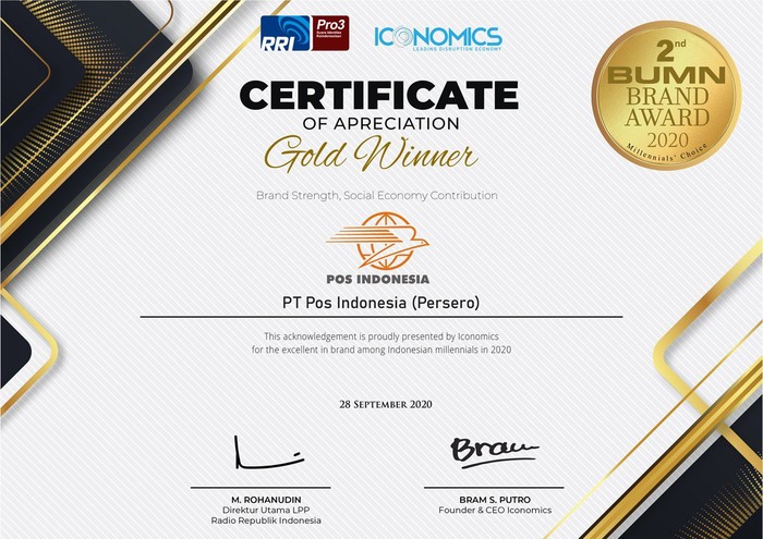 PT Pos Indonesia (Persero) meraih penghargaan Brand Strength, Social Economy Contribution di ajang BUMN Brand Award 2020 Millenials Choice.