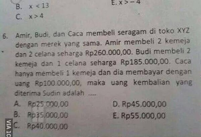 Di akhir soal matematika ini tiba-tiba saja muncul nama baru, yaitu Sudin. Padahal nama Sudin tidak dijelaskan sebelumnya. Jadi Sudin ini siapa? Foto: 1cak.com