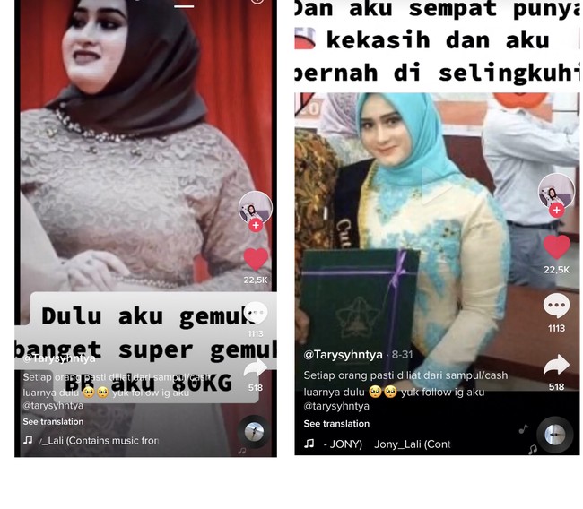 Lewat akun TikToknya @tarysyhntya, Cut Tari Shintya, mengungkapkan kisahnya sukses menurunkan berat badan dari 80 kg menjadi 50 kg hanya dalam 5 bulan. Dia termotivasi menurunkan berat setelah kekasihnya selingkuh darinya. Foto: Screenshot TikTok @tarysyhnty