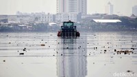 Mesin pembersih sampah hilir mudik membersihkan sampah di Waduk Pluit.