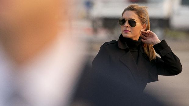 FILE - In this Sept. 12, 2020, file photo, Counselor to the President Hope Hicks arrives with President Donald Trump at Reno-Tahoe International Airport in Reno, Nev. Hicks has tested positive for the coronavirus. Hicks, who serves as counselor to the president and traveled with him to a Wednesday, Sept. 30, 2020 rally, tested positive Oct. 1, according to an administration official who spoke on condition of anonymity to discuss private health information.(AP Photo/Andrew Harnik, File)