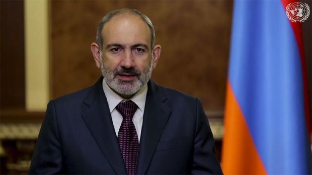 In this image made from UNTV video, Nikol Pashinyan, Prime Minister of Armenia, speaks in a pre-recorded message which was played during the 75th session of the United Nations General Assembly, Friday, Sept. 25, 2020, at U.N. headquarters in New York. (UNTV via AP)