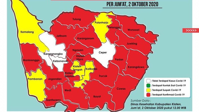 Peta persebaran kasus virus Corona atau COVID-19 di Klaten, Jumat (2/10/2020).