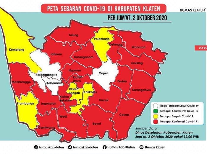 Peta persebaran kasus virus Corona atau COVID-19 di Klaten, Jumat (2/10/2020).