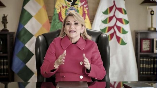 In this UNTV image, Jeanine Anez Chavez, President of Bolivia, speaks in a pre-recorded video message during the 75th session of the United Nations General Assembly, Wednesday, Sept. 23, 2020, at UN headquarters. (UNTV via AP)