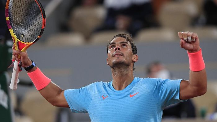 Rafael Nadal Spains Rafael Nadal celebrates winning his third round match of the French Open tennis tournament against Italys Stefano Travaglia in three sets, 6-1, 6-4, 6-0, at the Roland Garros stadium in Paris, France, Friday, Oct. 2, 2020. (AP Photo/Michel Euler)