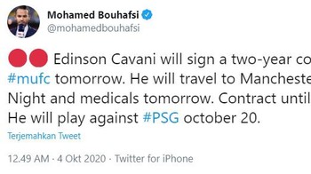 Informasi Cavani ke Old Trafford juga diinfokan Mohammed Bouhafsi. Foto: Screenshoot