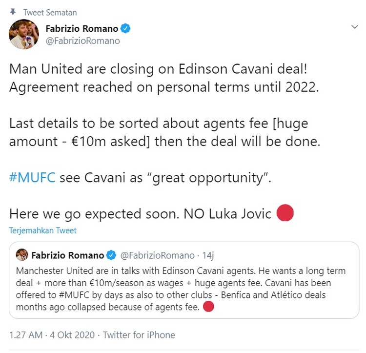 Edison Cavani dikabarkan ke Man United Menjelang penutupan bursa transfer musim panas, Edison Cavani dikabarkan ke Man United. Netizen pun meramaikan dengan mengedit Cavani berseragam Setan Merah.