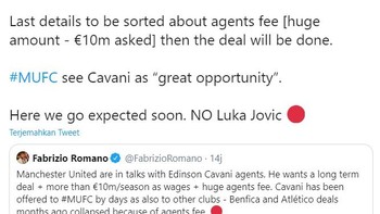 Kabar Cavani ke Man United tak lain informasi yang dicuitan Fabrizio Romano. Kalimat magis here we go sebagai penanda bahwa transfer ini akan segera terwujud dalam waktu dekat. Foto: Screenshoot