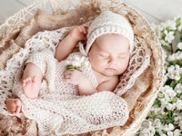 Sweet newborn baby sleeps in a basket. Beautiful newborn boy with flowers