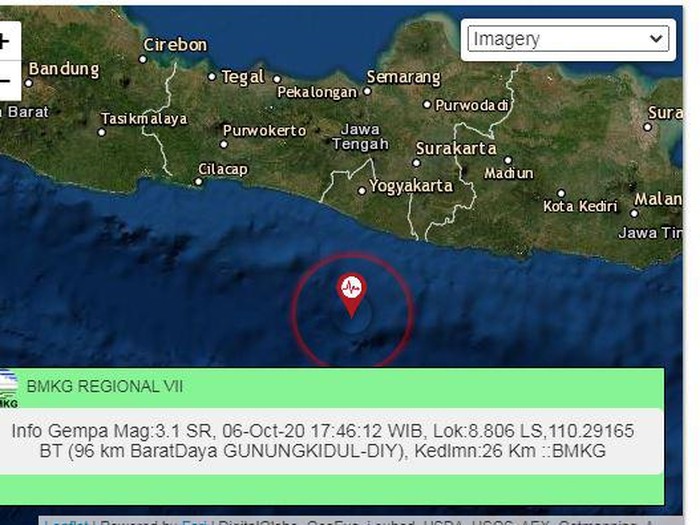 Gempa M 3,1 di Gunungkidul, DIY, Selasa (6/10/2020).