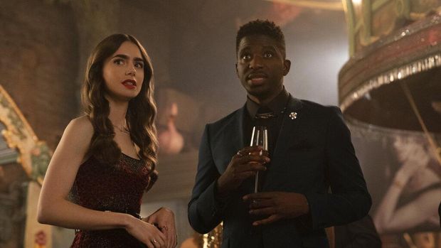 This image released by Netflix shows William Abadie, left, and Lily Collins in a scene from the series 