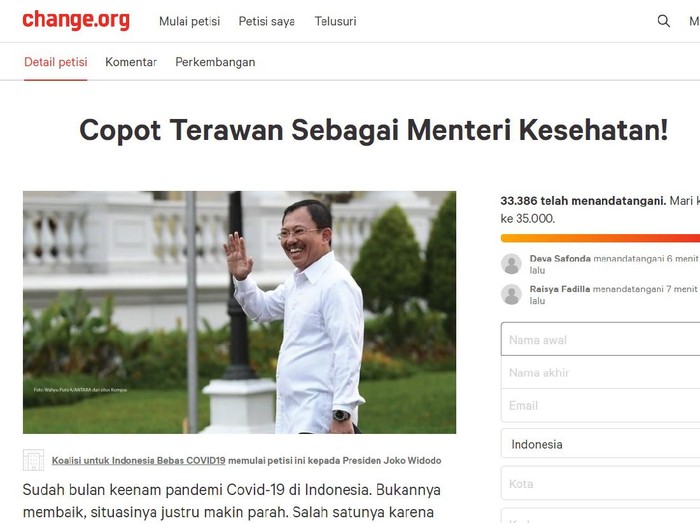 Gelombang protes masyarakat untuk mendesak Presiden RI Joko Widodo (Jokowi) mencopot Menteri Kesehatan (Menkes) Terawan Agus Putranto dari jabatannya makin tak terbendung.