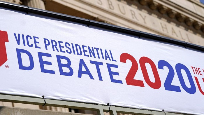 Preparations take place for the vice presidential debate outside Kingsbury Hall at the University of Utah, Monday, Oct. 5, 2020, in Salt Lake City. The vice presidential debate between Vice President Mike Pence and Democratic vice presidential candidate, Sen. Kamala Harris, D-Calif., is scheduled for Oct. 7. (AP Photo/Patrick Semansky)