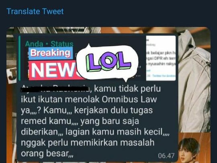 Tangkapan layar chat guru PPKn di akun Twitter @ayacheyu, Selasa (6/10/2020).