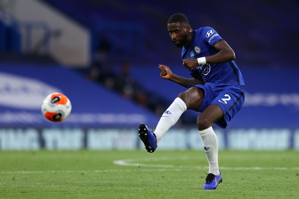 Antonio Rudiger LONDON, ENGLAND - JULY 14: Antonio Rudiger of Chelsea on the ball during the Premier League match between Chelsea FC and Norwich City at Stamford Bridge on July 14, 2020 in London, England. Football Stadiums around Europe remain empty due to the Coronavirus Pandemic as Government social distancing laws prohibit fans inside venues resulting in all fixtures being played behind closed doors. (Photo by Richard Heathcote/Getty Images)