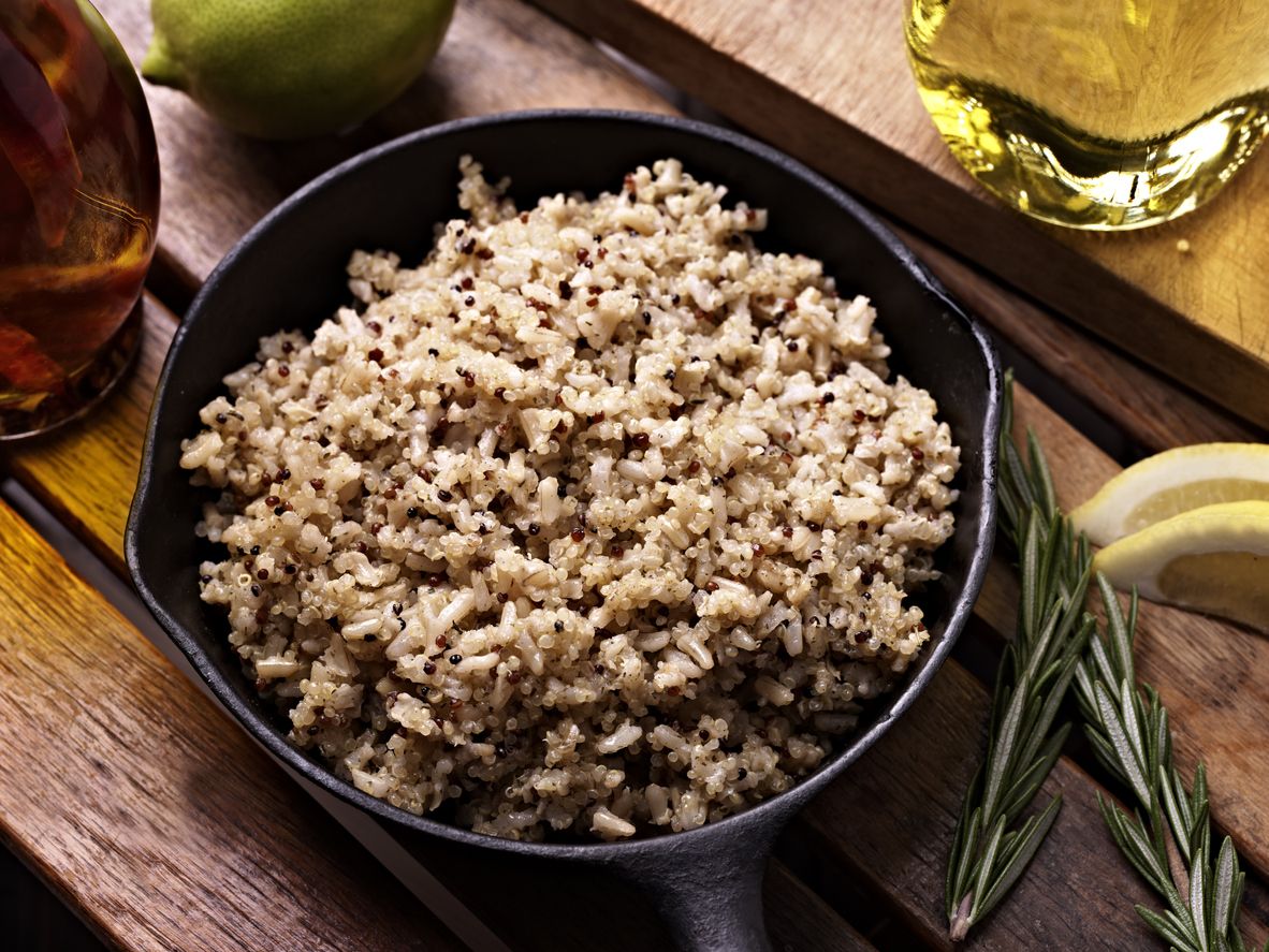 Quinoa with Brown Rice in a Cast Iron Pan.