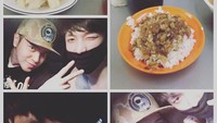 Bersama temannya, Lay EXO nampak asyik menghabiskan waktunya. Ada es kopi dan nasi dengan topping daging yang ia santap. Foto: Instagram @layzhang