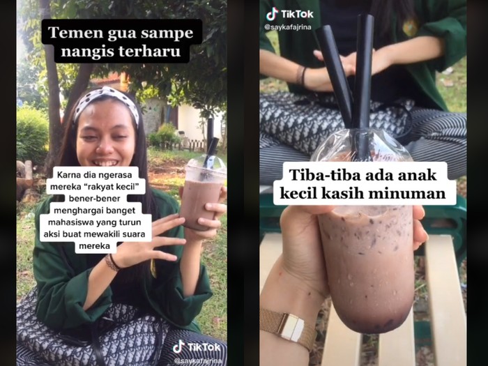 Mahasiswi diberi es cokelat oleh warga Dikira Mau Demo Tolak Omnibus Law, Mahasiswi Ini Diberi Es Cokelat oleh Warga