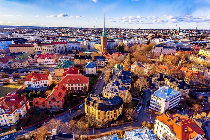 This picture shows how Helsinki city look from drone. The aerial view of helsinki shows thats it look vey colorful from sky.