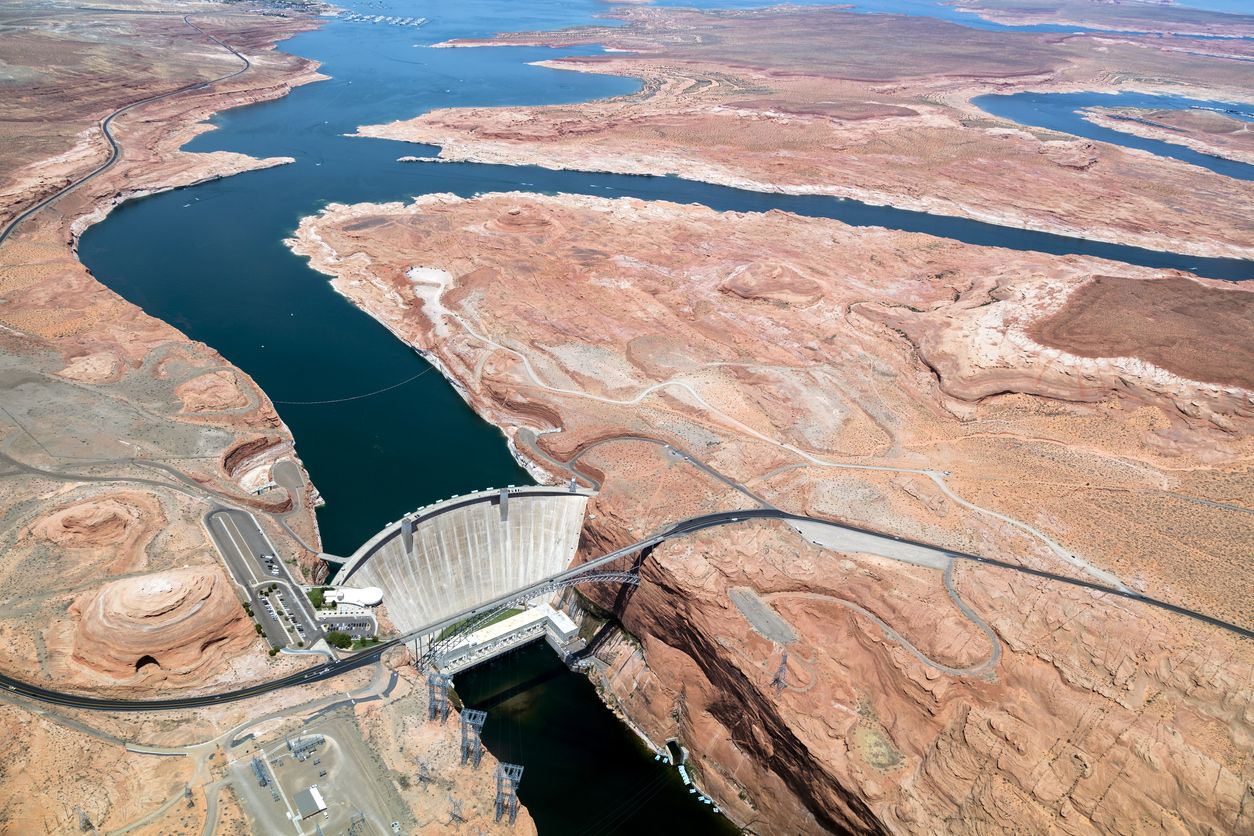 Glen Canyon Dam, Glen Canyon Dam Bridge, Colorado River, Highway 89,  aerial view, Page, Arizona, USA