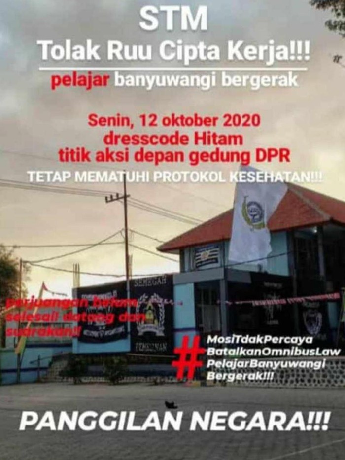 Poster ajakan demo Ombibus Law untuk pelajar Banyuwangi beredar luas. Demo itu bakal digelar Senin (12/10) mendatang.