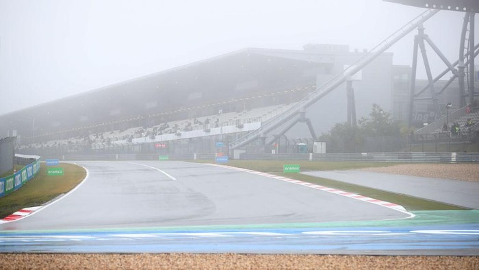 NUERBURG, GERMANY - OCTOBER 09: Fog is pictured over the circuit during practice ahead of the F1 Eifel Grand Prix at Nuerburgring on October 09, 2020 in Nuerburg, Germany. (Photo by Joe Portlock/Getty Images)