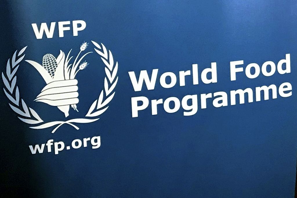 FILE - In this Nov. 6, 2017 file photo, the U.N. World Food Program's logo at the agency's headquarters in New York. The World Food Program has won the 2020 Nobel Peace Prize for its efforts to combat hunger and food insecurity around the globe. The announcement was made Friday Oct. 9, 2020 in Oslo by Berit Reiss-Andersen, the chair of the Nobel Committee. (AP Photo/Robert Bumstead, File)