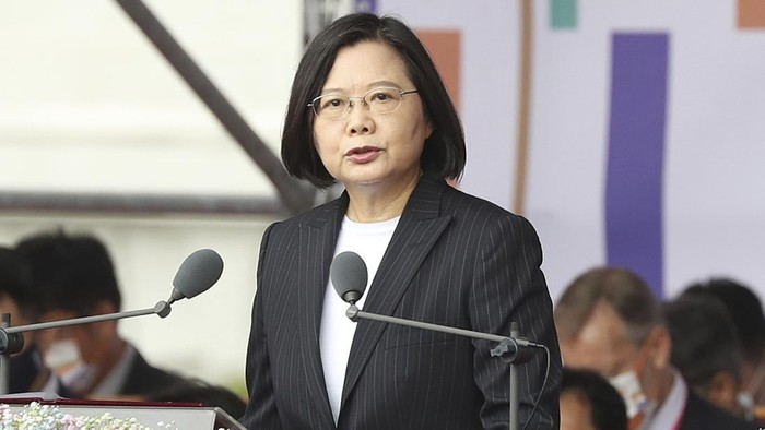 Taiwanese President Tsai Ing-wen delivers a speech during National Day celebrations in front of the Presidential Building in Taipei, Taiwan, Saturday, Oct. 10, 2020. Tsai said Saturday she has hopes for less tensions with China and in the region if Beijing will listen to Taipei’s concerns, alter its approach and restart dialogue with the self-ruled island democracy. (AP Photo/Chiang Ying-ying)