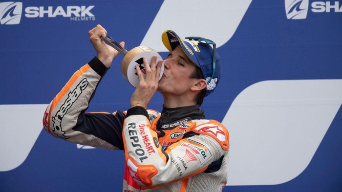 LE MANS, FRANCE - OCTOBER 11: Alex Marquez of Spain and Repsol Honda Honda celebrates second place on the podium at the end of the MotoGP race during the MotoGP of France: Race at on October 11, 2020 in Le Mans, France. (Photo by Mirco Lazzari gp/Getty Images)