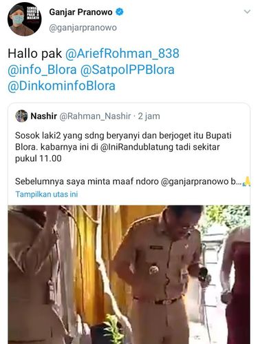 Ganjar merespons soal viral video Bupati Blora Djoko Nugroho asyik nyanyi-joget tanpa masker, Senin (12/10/2020).
