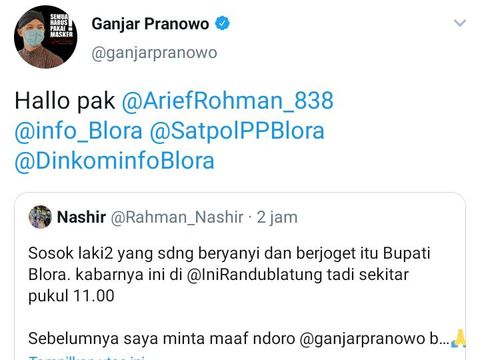 Ganjar merespons soal viral video Bupati Blora Djoko Nugroho asyik nyanyi-joget tanpa masker, Senin (12/10/2020).