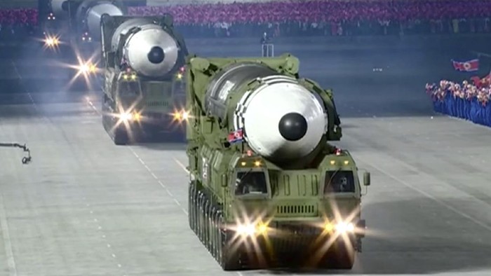 This image made from video broadcasted by North Koreas KRT, shows a military parade with what appears to be a possible new solid-fuel missile at the Kim Il Sung Square in Pyongyang, Saturday, Oct. 10, 2020. North Korean leader Kim Jong Un warned Saturday that his country would “fully mobilize” its nuclear force if threatened as he took center stage at a massive military parade to mark the 75th anniversary of the country’s ruling party. (KRT via AP)