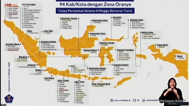 94 daerah zona oranye per 13 Oktober 2020 (Foto: Tangkapan layar YouTube BNPB)