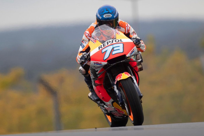 LE MANS, FRANCE - OCTOBER 09: Alex Marquez of Spain and Repsol Honda Honda  heads down a straight during the MotoGP of France: Free Practice at Bugatti Circuit  on October 09, 2020 in Le Mans, France. (Photo by Mirco Lazzari gp/Getty Images)