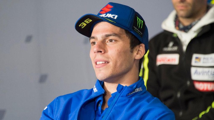 LE MANS, FRANCE - OCTOBER 08: Joan Mir of Spain and Team Suzuki ECSTAR speaks during the press conference pre-event during the MotoGP of France: Previews at Circuit Bugatti on October 08, 2020 in Le Mans, France. (Photo by Mirco Lazzari gp/Getty Images)