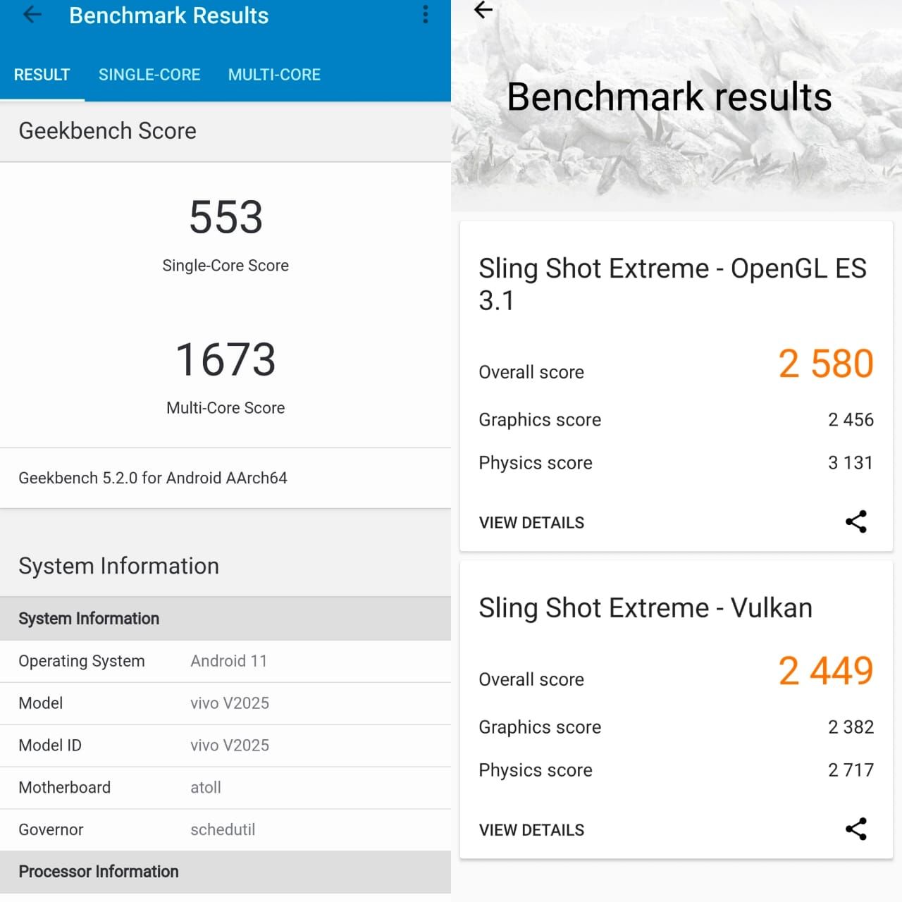 Hasil benchmark Vivo V20 dari GeekBench dan 3DMark.