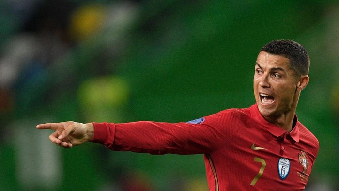 Cristiano Ronaldo LISBON, PORTUGAL - OCTOBER 07: Cristiano Ronaldo of Portugal reacts during the international friendly match between Portugal and Spain at Estadio Jose Alvalade on October 7, 2020 in Lisbon, Portugal. (Photo by Octavio Passos/Getty Images)