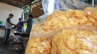 Keripik singkong yang telah digoreng dimasukkan ke dalam plastik besar sebelum dibungkus untuk dijual.