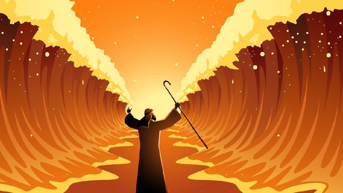 Biblical and religion vector illustration series, Moses held out his staff and the Red Sea was parted by God