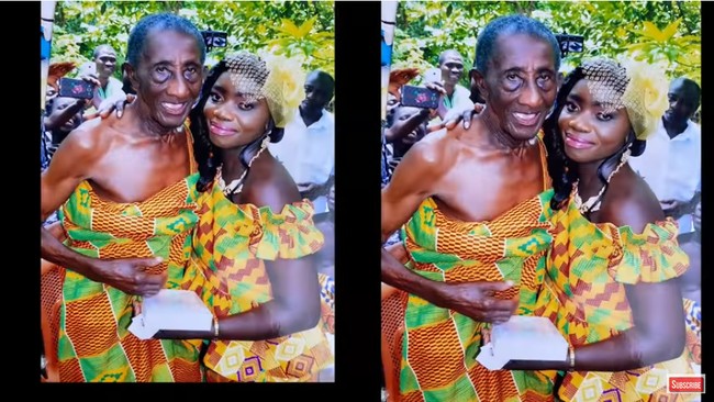 Dalam prosesi pernikahannya, Agyaba dan Akwasi kompak memakai busana bermotif dengan warna kuning yang dominan. Agyaba seperti memakai sarung yang diliitkan ke tubuhnya, sedangkan Akua Asabea mengenakan atasan dan bawahan yang motifnya senada dengan sang suami. Foto: YouTube Kofi TV